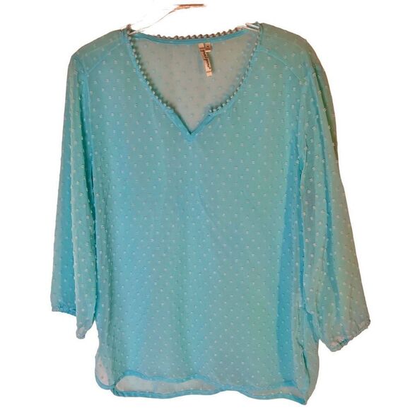 Grand & Greene Top Blue Green Textured Sheer Tunic Blouse Sz Medium - Picture 1 of 11